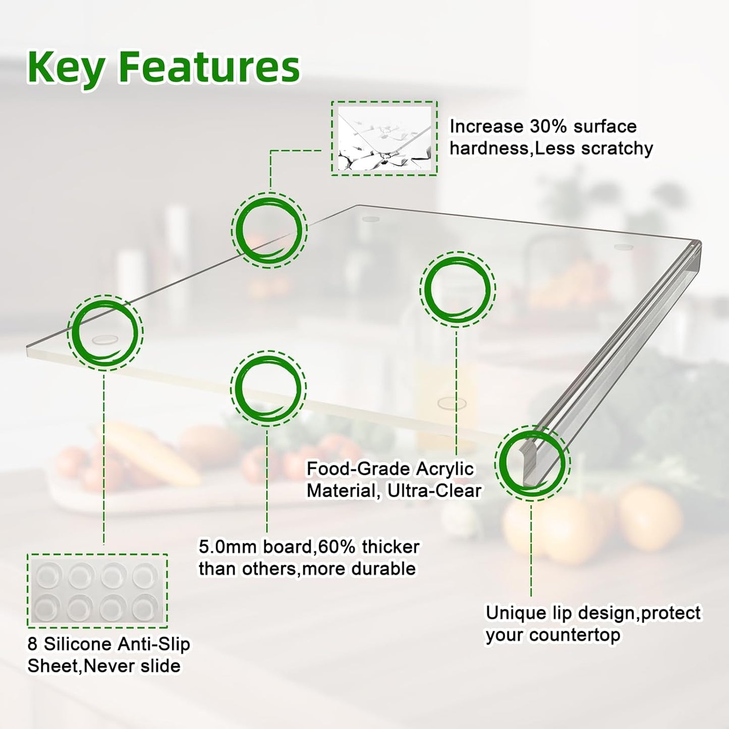 Acrylic Cutting Board with Counter Lip,17.5"x13.5" Clear Cutting Board for Kitchen Countertop,Non-Slip,60% Thicker,Perfect for Bread,Meat,Veggies & More,Great Kitchen Essential Gadgets & Decor