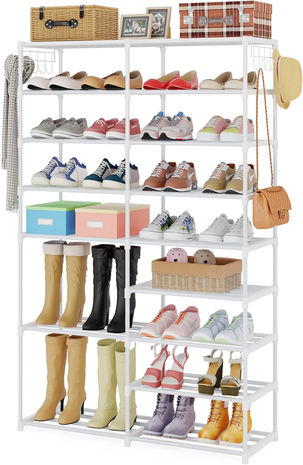 32-40 Pairs Shoe Storage Shelf, 9 Tiers Stackable Shoe Tower/Rack/Stand for Closet, Boot Organizer with 2 Hooks