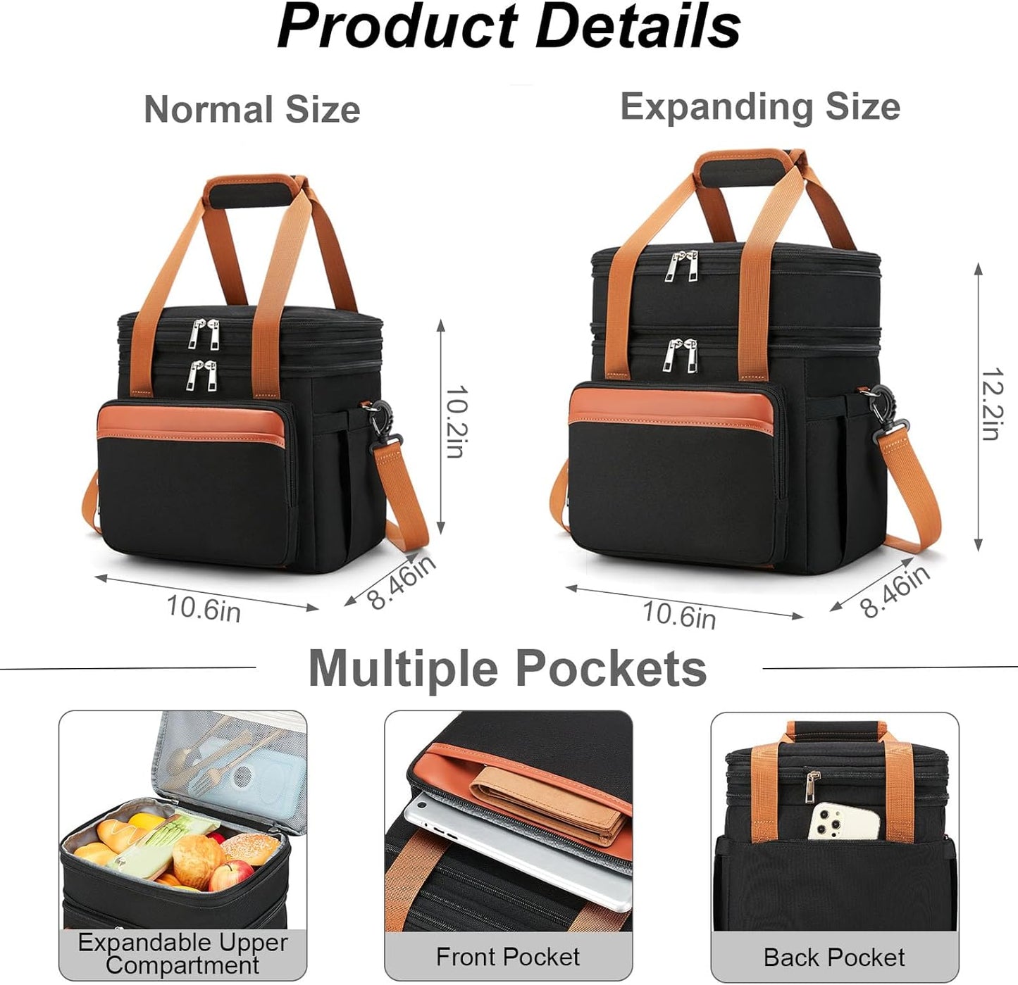 Insulated Lunch Box Lunch Cooler Bag for Men: Expandable Large Lunchbox for Picnic Work Office Outdoor - Reusable Double Deck Lunch Tote for Adults Gray 15L