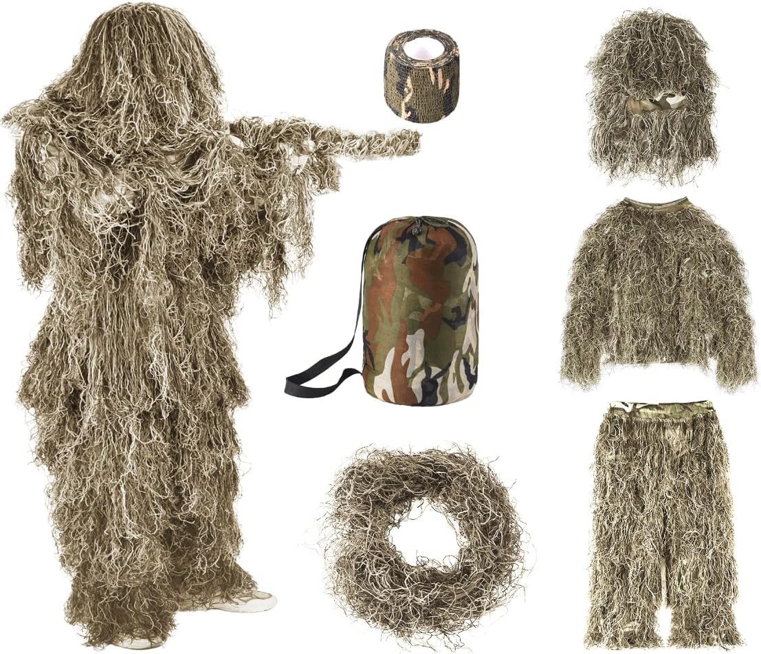 6 in 1 Ghillie Suit, 3D Camouflage Hunting Apparel Including Jacket, Pants, Hood, Carry Bag and Camo Tapes