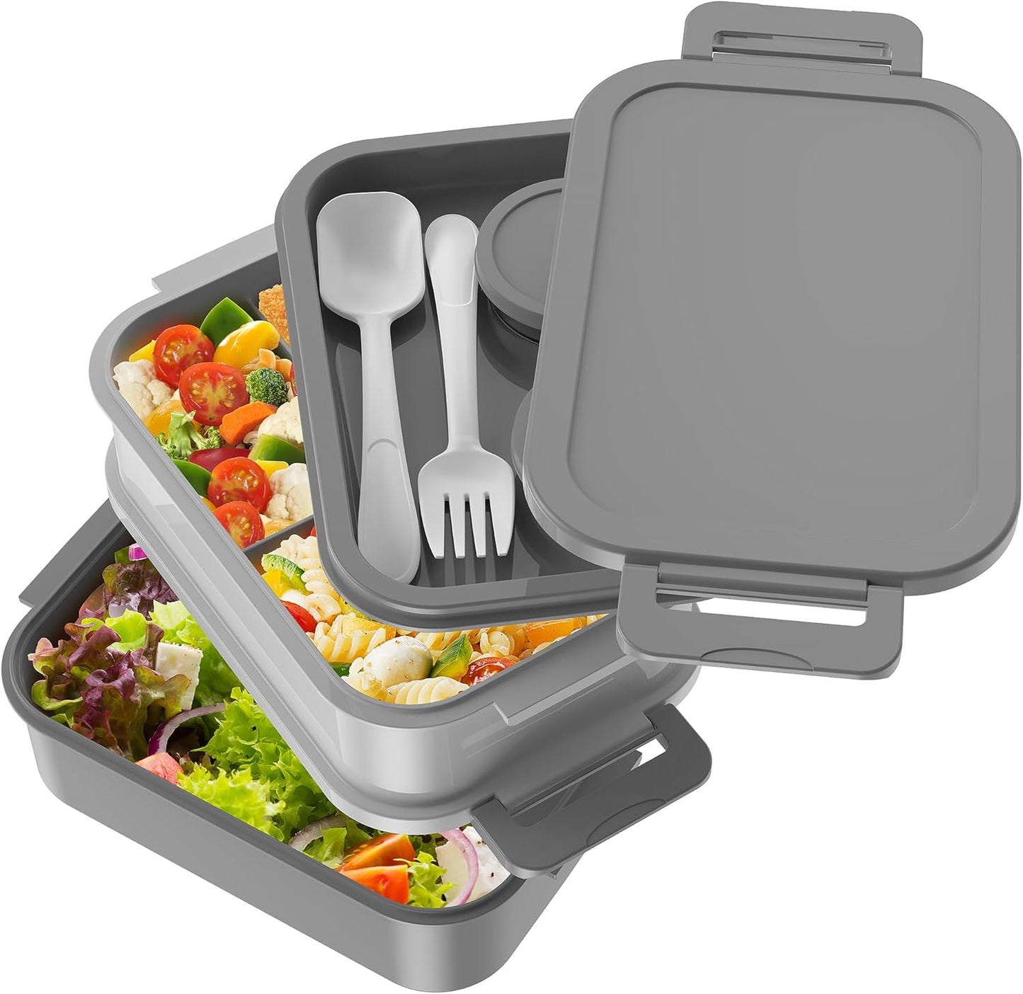 Adult Bento Box Lunch Box - 3 Layers Stackable Bento Lunch Box for Adults, 72oz Large-Style All-in-One Bento Boxes Leak-Proof Lunchbox with Utensil Sauce Containers for Dining Out,Work, Grey