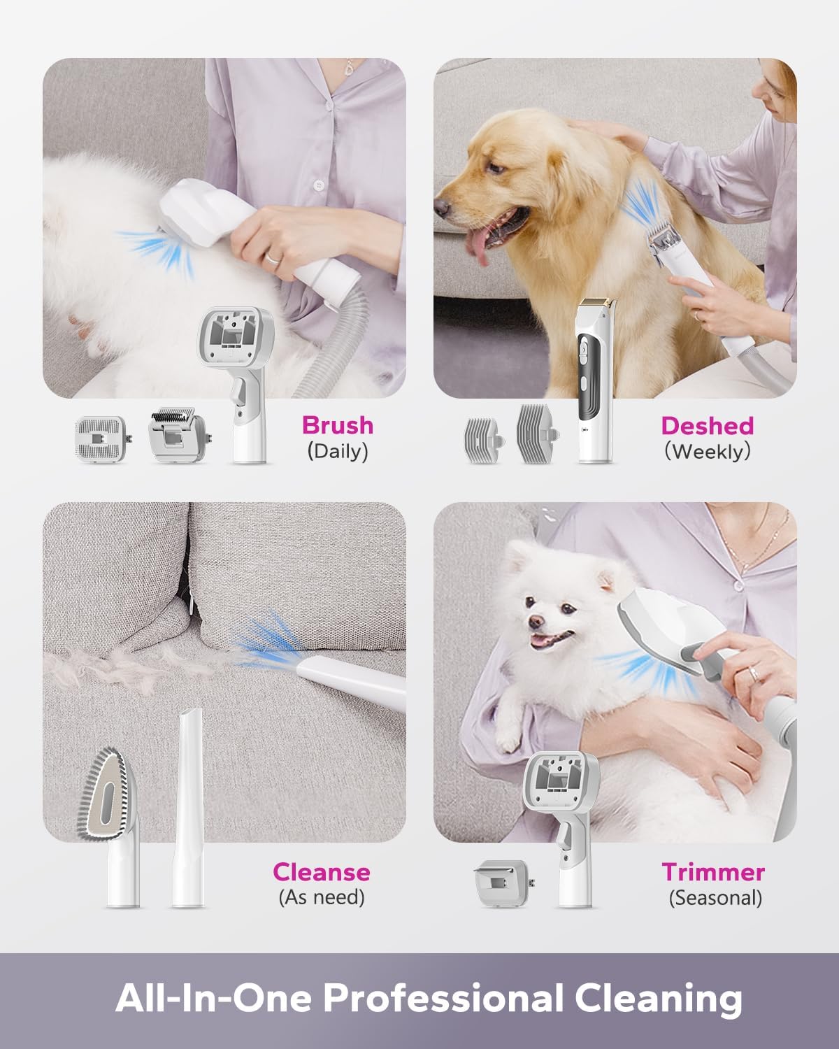 Low Noise Dog Grooming Kit, Dog Grooming Clipper & Vacuum, Pet Grooming Kit with 6 Proven Grooming Tool, Dog Vacuum Brush for Shedding Grooming