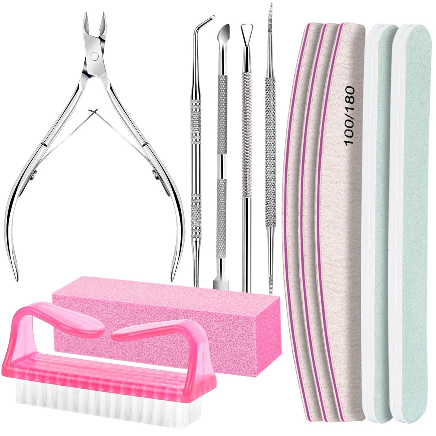 Manicure and Pedicure Tools Kit, Nail Files 100/180, Nail Buffer Block, Nail Cuticle Nippers, Cuticle Pusher, Cuticle Peeler, Nail Lifter for Ingrown Toenails, Toenail File