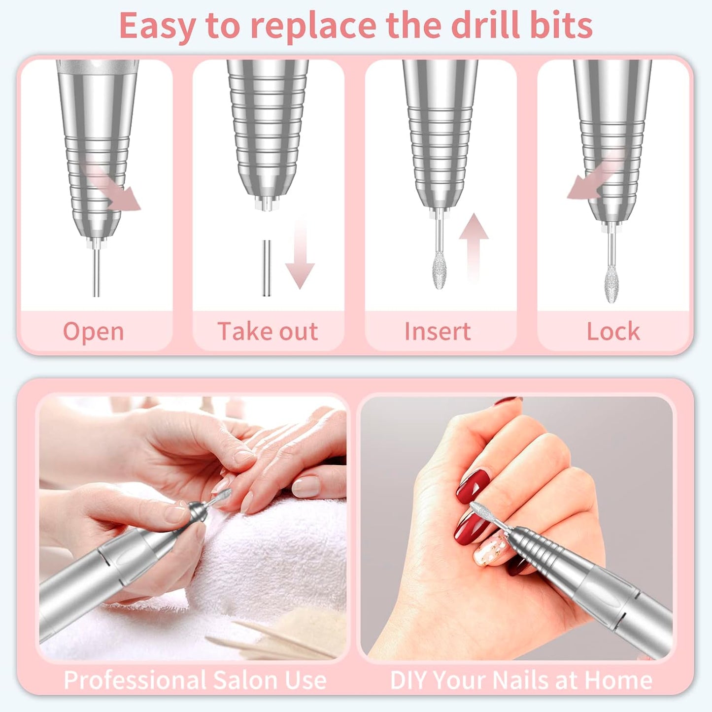 Portable Nail Drill Professional 35000 RPM, Rechargeable Electric Nail File Machine E File for Acrylic Nails Gel Polishing Removing, Cordless Efile with Bits Kit for Manicure Salon Home