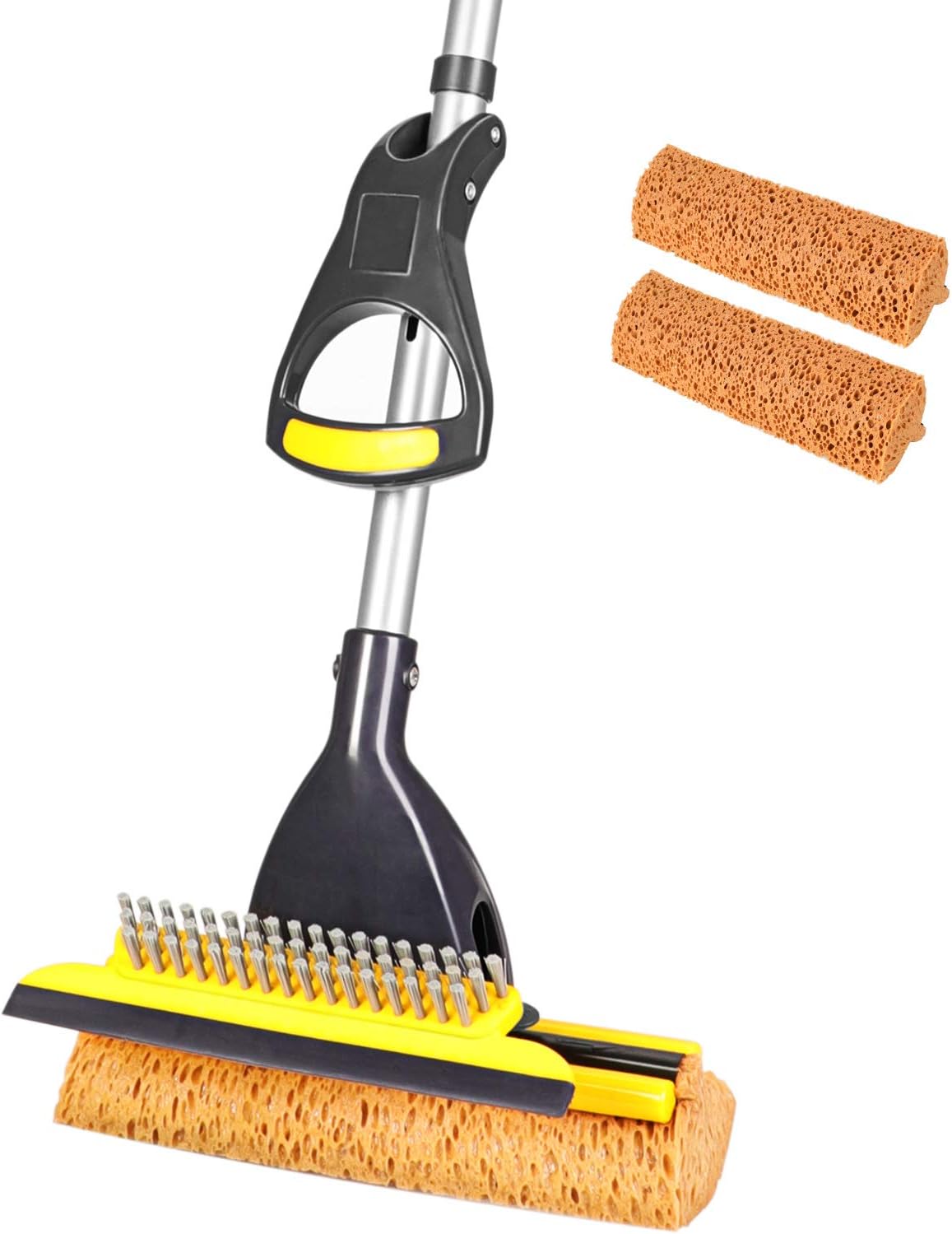 Sponge Mop Home Commercial Use Tile Floor Bathroom Garage Cleaning with Total 2 Sponge Heads Squeegee and Extendable Telescopic Long Handle from 42.5 to 52 Inches Easily Dry Wringing