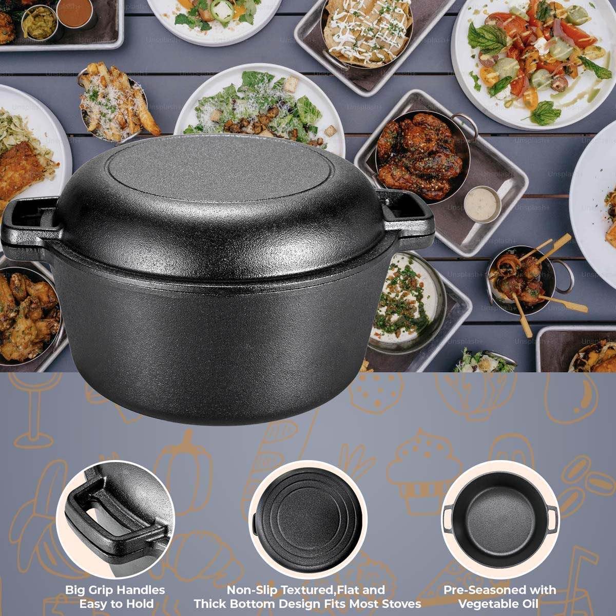 Cast Iron Dutch Oven Pot with Lid,Cast Iron Pot (5.1QT) and Cast Iron Lid as a Skillet(1.9QT) - Dutch Oven Cast Iron with Silicone Holders, Iron Stand, for Oven, Stove, Grill，Campfire