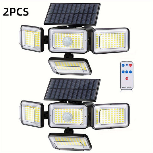 2Pcs Super Bright Extra Wide Solar Motion Sensor Outdoor Light, Floodlight, Security Light, Four Adjustment Modes, Four Light Heads, 270° Lighting Angle, Remote Control, For Yard, Garage, Porch