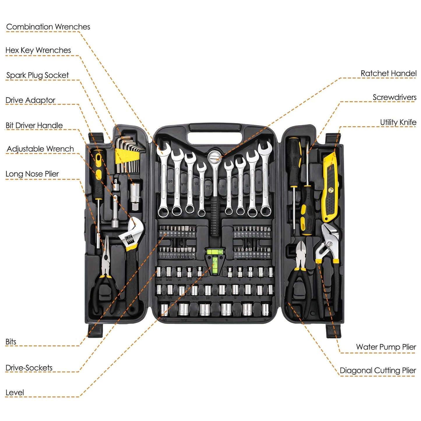 95 Piece Tool Set, Car Tool Kit, Mechanics Tool Set, Portable Toolbox With Adjustable Wrench Pliers Socket Bits, With Plastic Toolbox Storage Case, For House Apartment Garage (Yellow), Perfect Gift For Halloween And Christmas