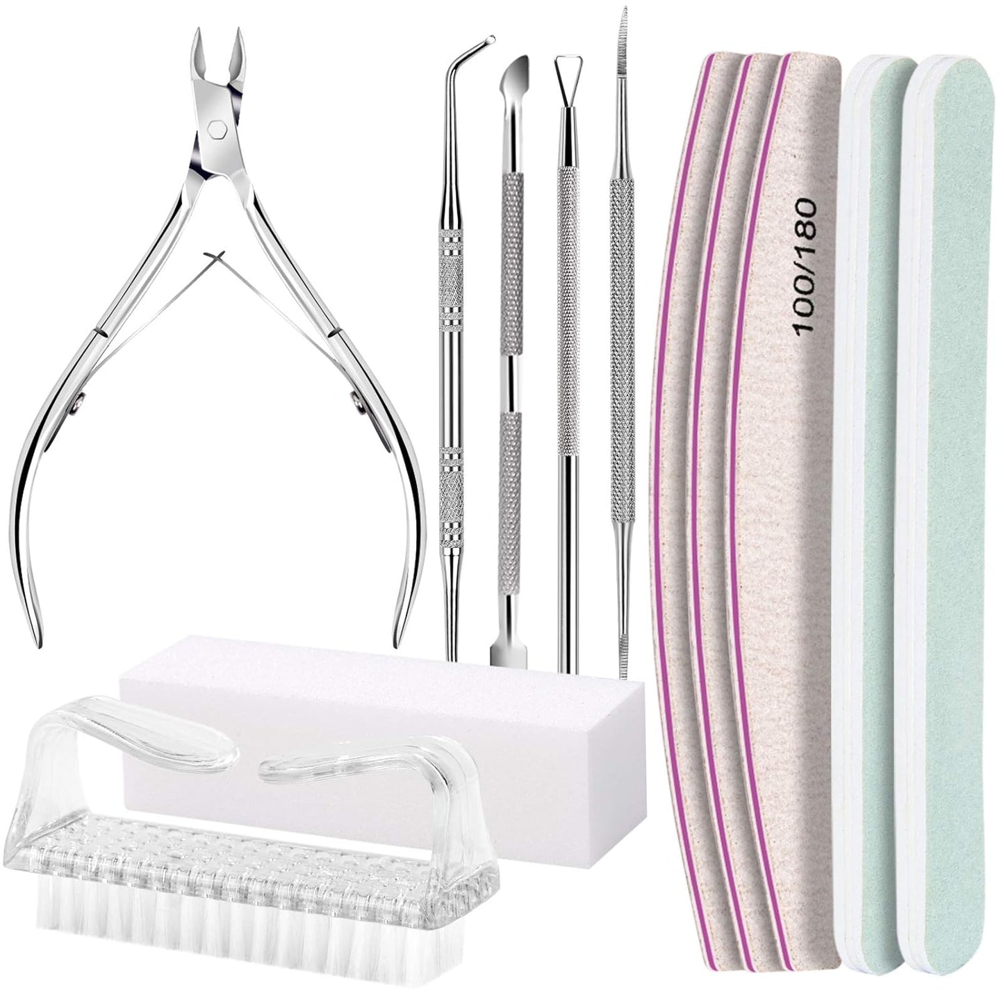 Manicure and Pedicure Tools Kit, Nail Files 100/180, Nail Buffer Block, Nail Cuticle Nippers, Cuticle Pusher, Cuticle Peeler, Nail Lifter for Ingrown Toenails, Toenail File