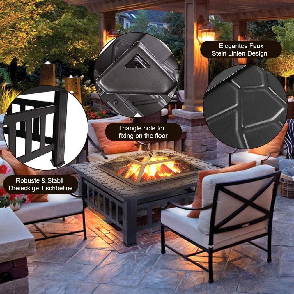 Outdoor Fire Pit for Wood 32" Metal Firepit for Patio Wood Burning Fireplace Square Garden Stove with Charcoal Rack, Poker & Mesh Cover for Camping Picnic Bonfire Backyard