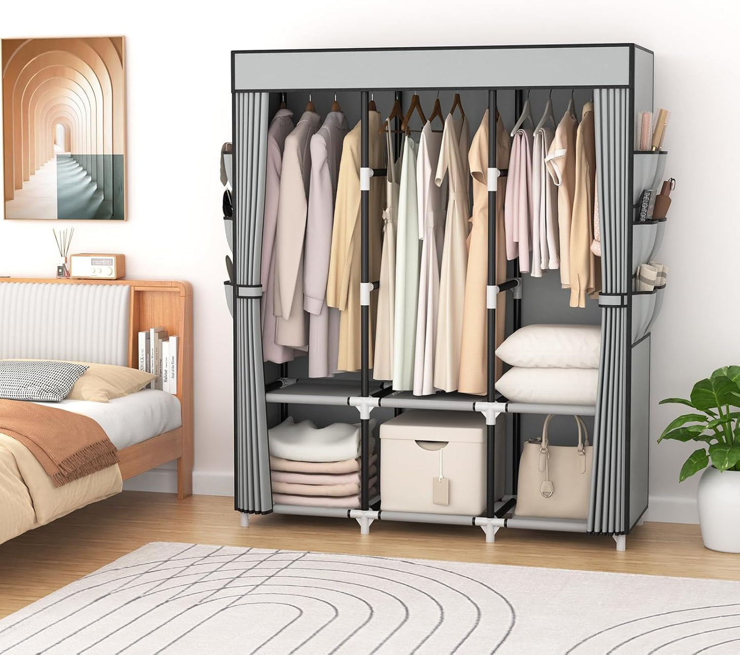 Portable Closet, Wardrobe Closet for Hanging Clothes Closet with Cover, 3 Hanging rods, 6 Storage Shelves and Side Pockets, Diameter 19mm Metal Pipe, Free Standing Closet for Bedroom