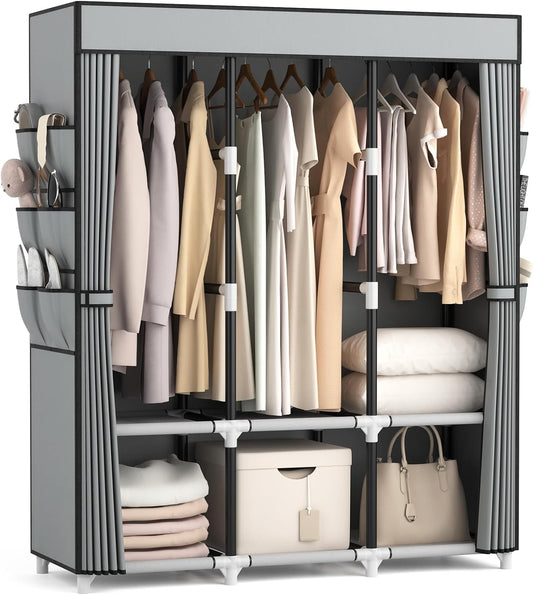 Portable Closet, Wardrobe Closet for Hanging Clothes Closet with Cover, 3 Hanging rods, 6 Storage Shelves and Side Pockets, Diameter 19mm Metal Pipe, Free Standing Closet for Bedroom