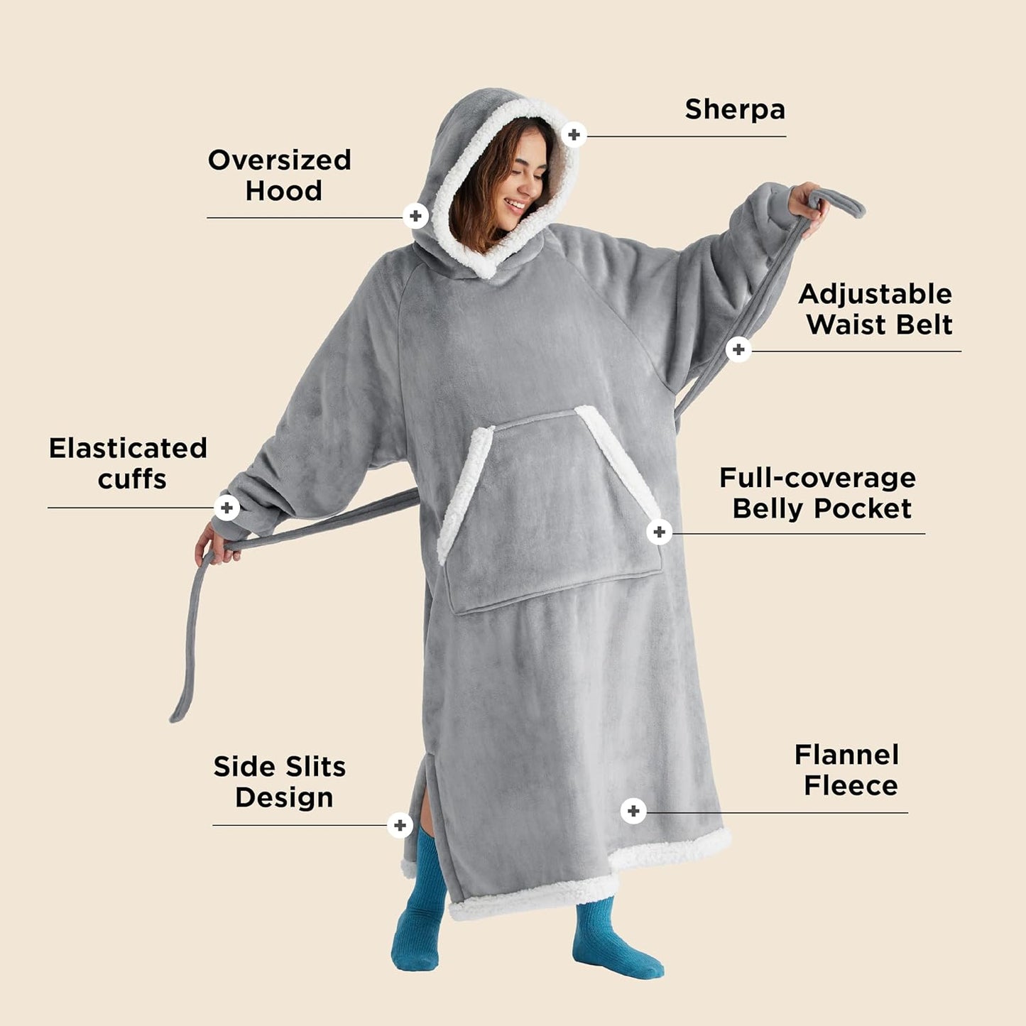 Wearable Blanket Hoodie Women - Long Sherpa Hooded Blanket for Adult Warm Cozy Blanket Sweatshirt Gifts for Women Men, Standard, Grey