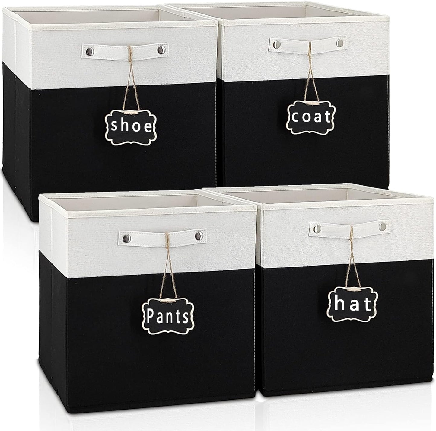 11x11 cube storage bins 4 Pack,Collapsible Fabric Storage Cubes with Labels,Linen Cube Storage Organizer Bins with Cotton Handles,Square Storage Cubes for Home,Office,Clothes,Cabinet (White Grey).