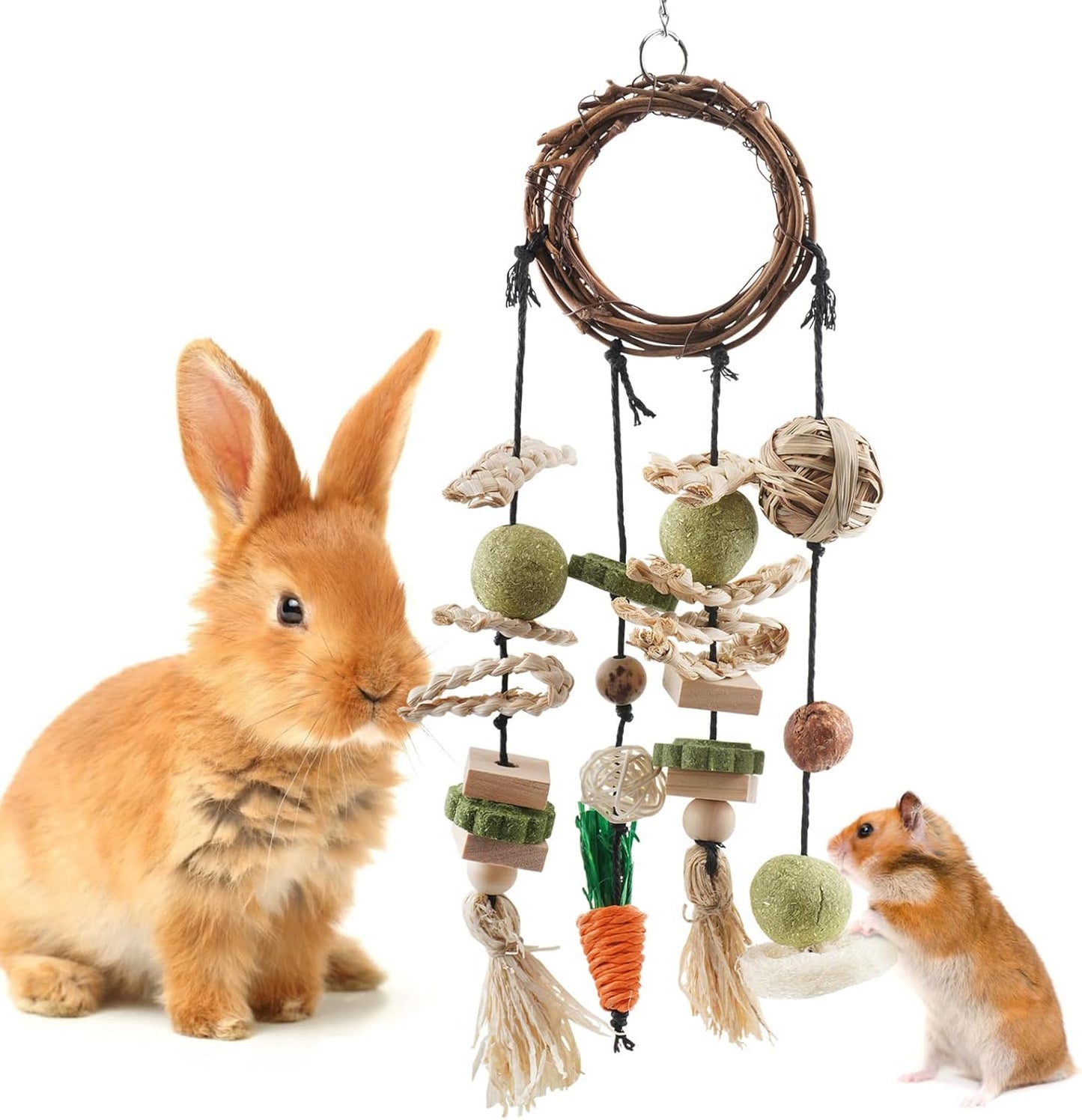 Bunny Chew Toy, Rabbits Cage Hanging Chew Toys and Treats Rattan Ring with Snacks for Guinea Pigs Chinchillas Hamsters Rats and Other Small Pets Teeth Grinding