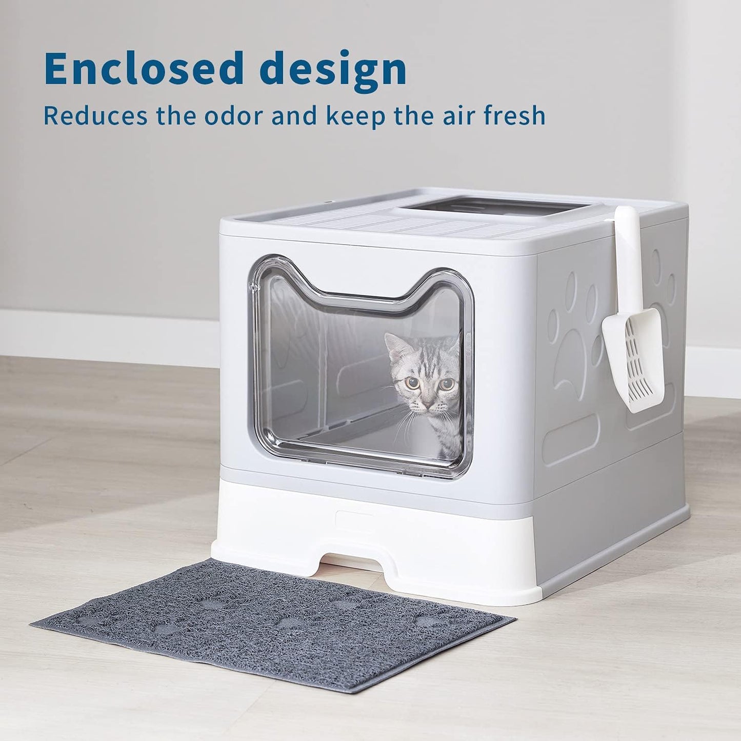 Cat Litter Box with Litter Mat and Scoop, Large Foldable Litter Box with Lid, Front Entry Top Exit Kitty Litter Box, Odor Control Easy Clean (Grey)