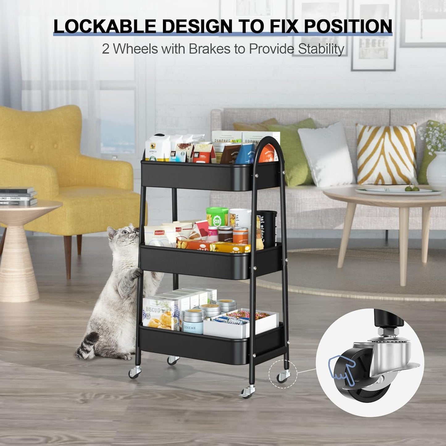 3 Tier Utility Rolling Cart, Metal Storage Cart with Handle and Lockable Wheels, Multifunctional Storage Organizer Trolley with Mesh Baskets for Kitchen, Living Room, Office, Garage (Black)