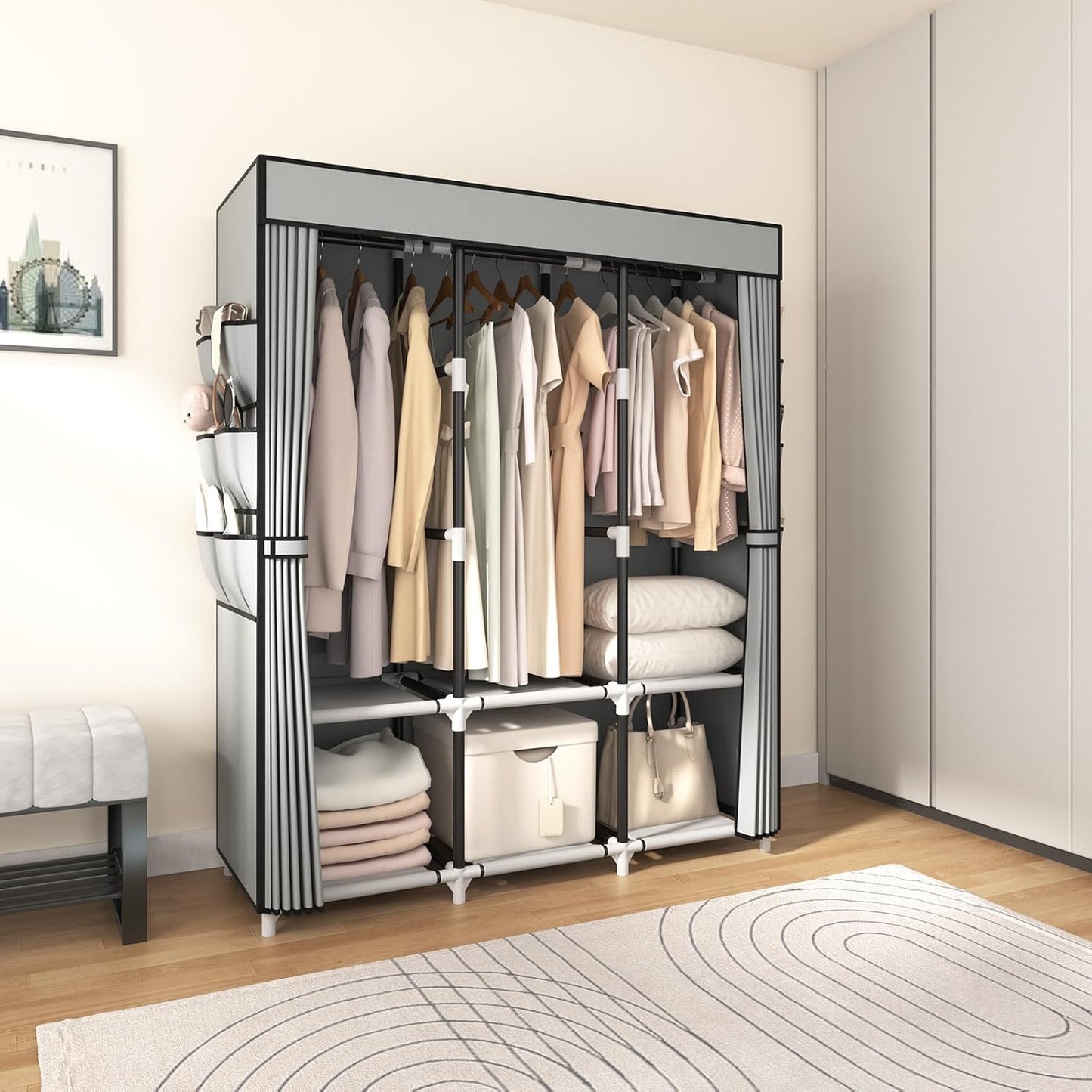 Portable Closet, Wardrobe Closet for Hanging Clothes Closet with Cover, 3 Hanging rods, 6 Storage Shelves and Side Pockets, Diameter 19mm Metal Pipe, Free Standing Closet for Bedroom