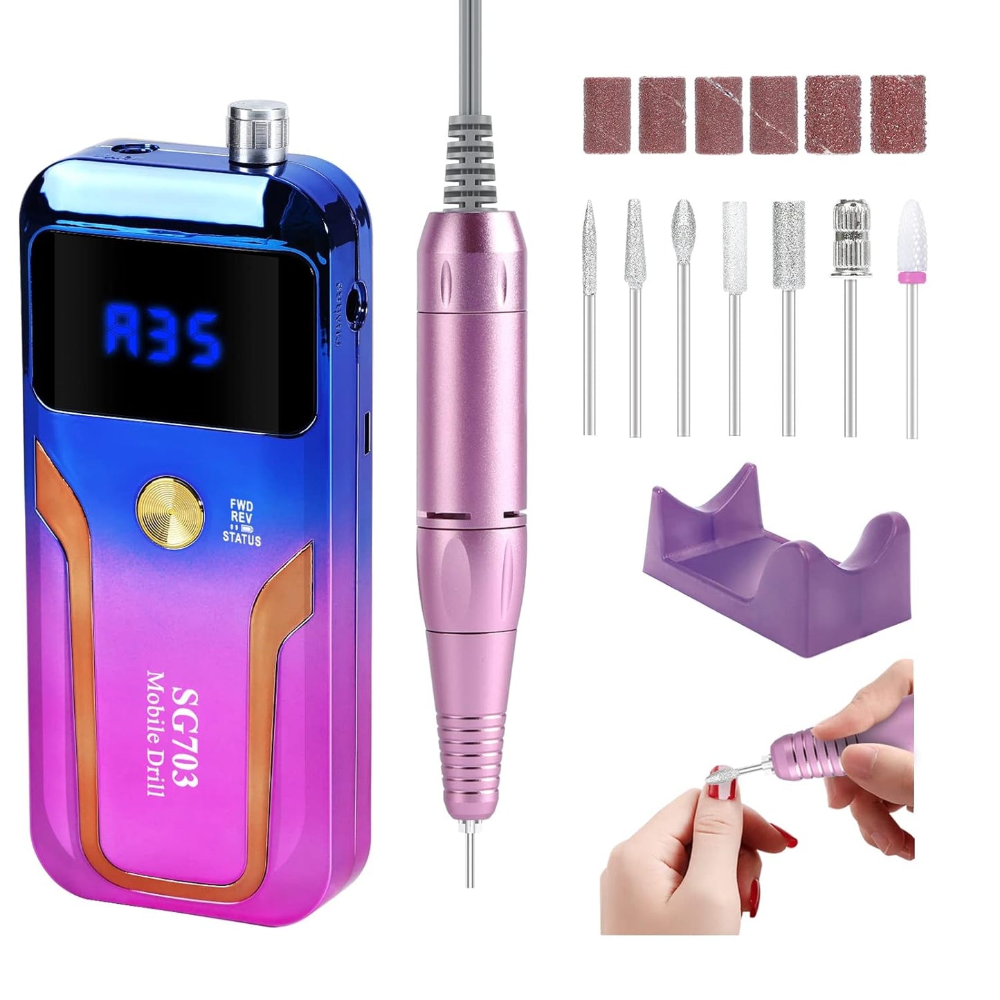 Portable Nail Drill Professional 35000 RPM, Rechargeable Electric Nail File Machine E File for Acrylic Nails Gel Polishing Removing, Cordless Efile with Bits Kit for Manicure Salon Home