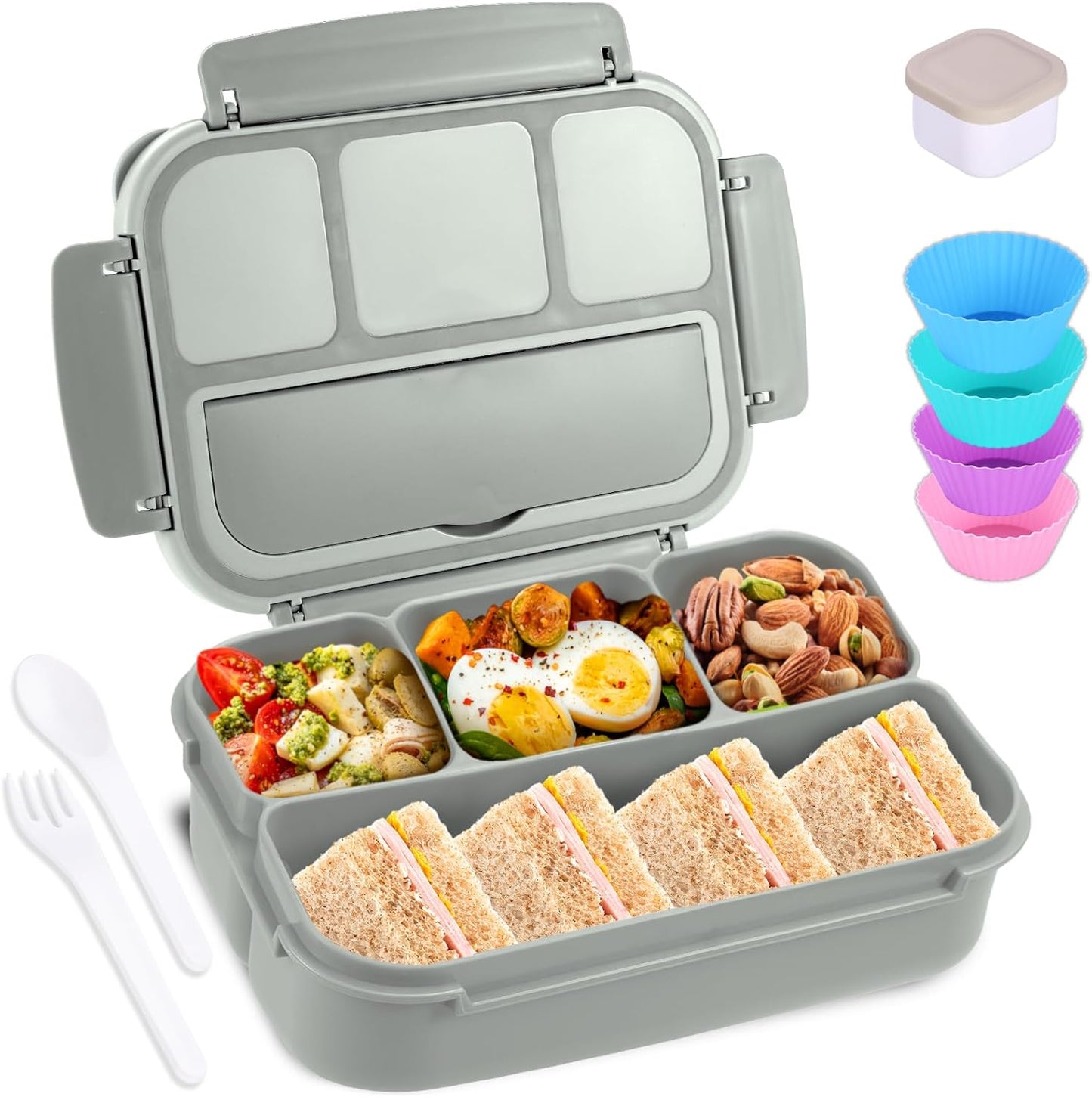 Bento Box Adult Lunch Box, Containers for Adults Men Women with 4 Compartments, Lunchable Food Container with Utensils, Sauce Jar, Muffin Liners, 40 Oz/5 Cup, Microwave & Dishwasher Safe, Brown