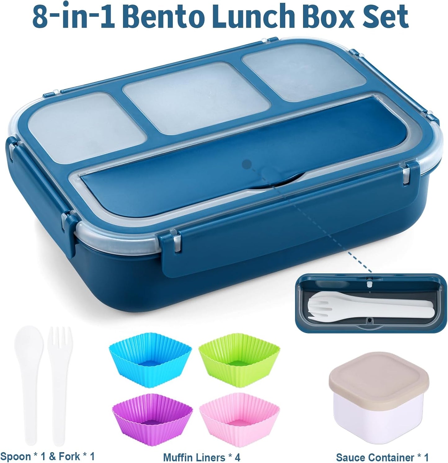 Bento Box Adult Lunch Box, Containers for Adults Men Women with 4 Compartments, Lunchable Food Container with Utensils, Sauce Jar, Muffin Liners, 40 Oz/5 Cup, Microwave & Dishwasher Safe, Brown