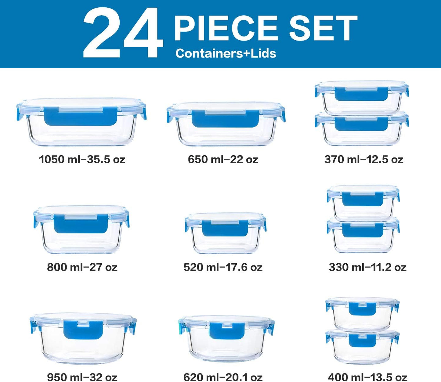 24-Piece Glass Food Storage Containers with Upgraded Snap Locking Lids,Glass Meal Prep Containers Set - Airtight Lunch Containers, Microwave, Oven, Freezer and Dishwasher, Blue