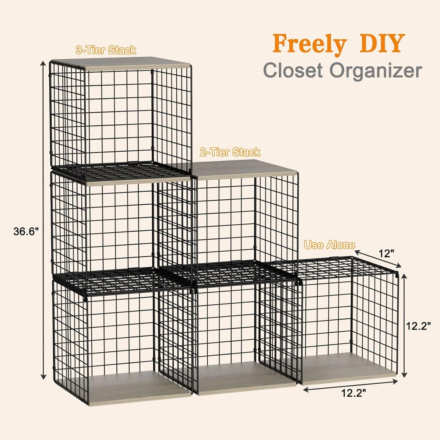 3PCS Stackable Closet Organizers and Storage, Closet Storage Shelves with Wood Top Extra Storage, Clothes Storage Organizer Basket Bins/Tube for Wardrobe, Closet Organization (Black-Sturdy Metal )