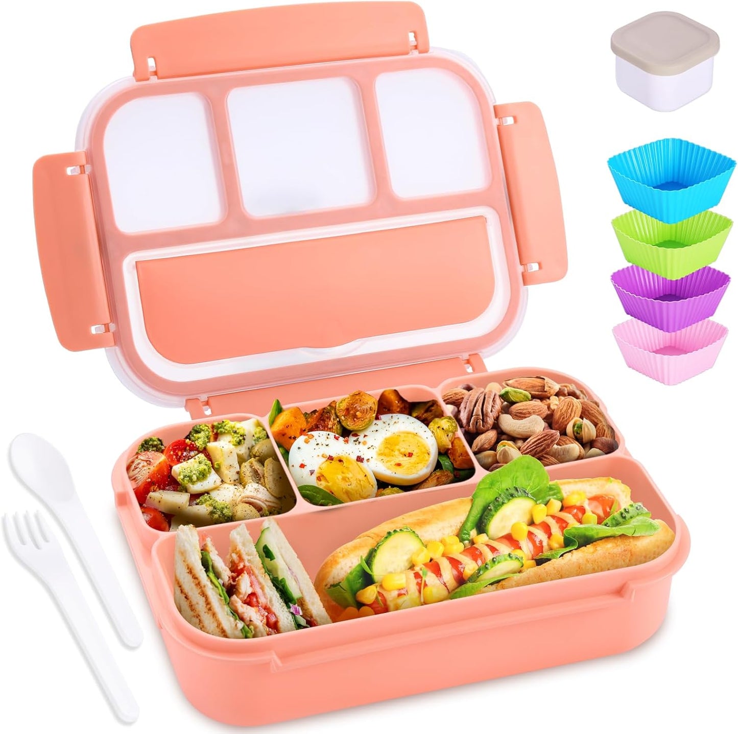 Bento Box Adult Lunch Box, Containers for Adults Men Women with 4 Compartments, Lunchable Food Container with Utensils, Sauce Jar, Muffin Liners, 40 Oz/5 Cup, Microwave & Dishwasher Safe, Brown