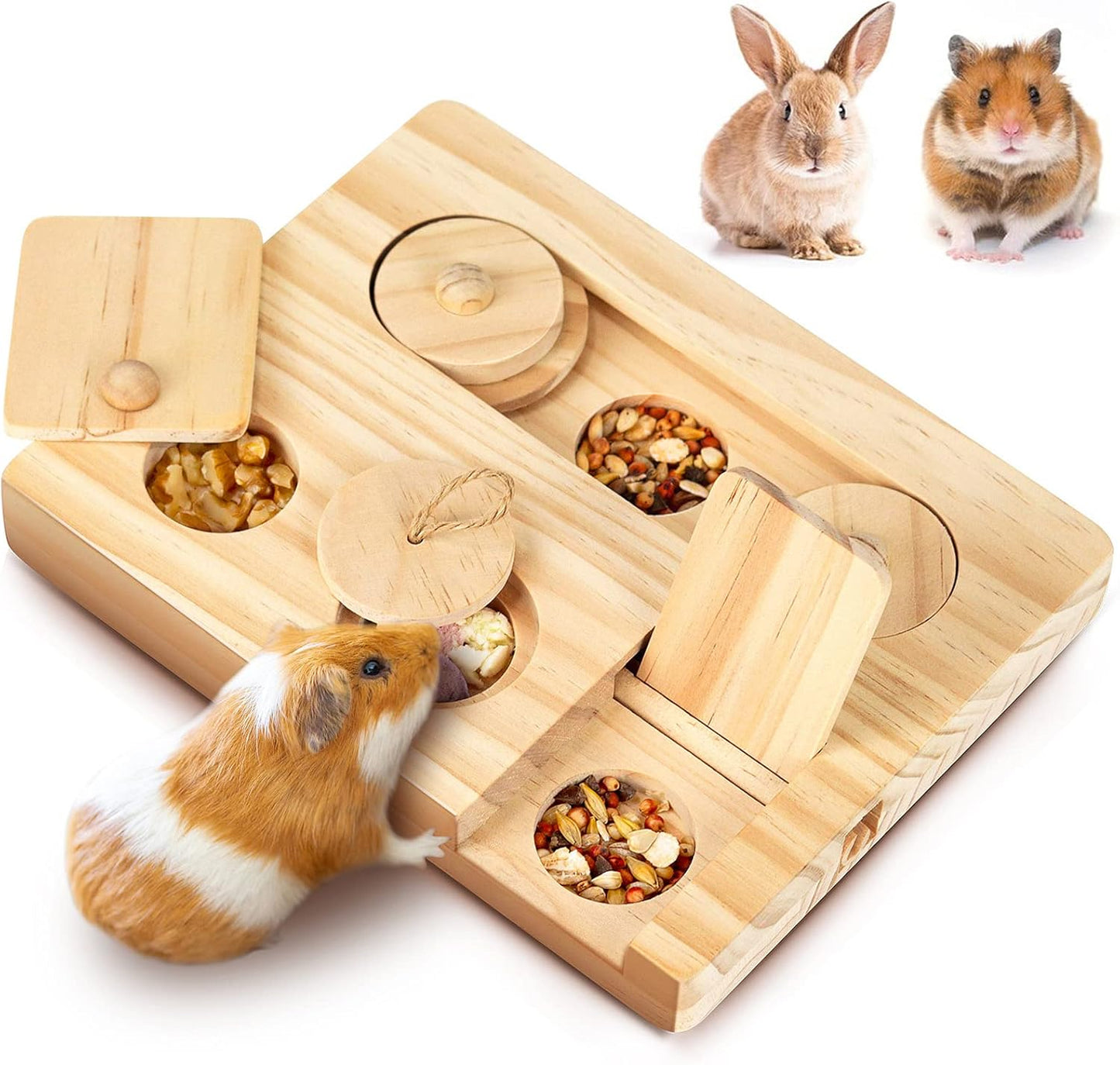 Guinea Pig Foraging Toys, 6 in 1 Hamsters Wooden Interactive Enrichment Toys, Treat Dispenser for Small Animal Funny Toys, for Rabbits, Bunny, Chinchillas, Rats and Gerbils