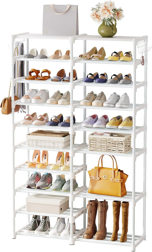 32-40 Pairs Shoe Storage Shelf, 9 Tiers Stackable Shoe Tower/Rack/Stand for Closet, Boot Organizer with 2 Hooks