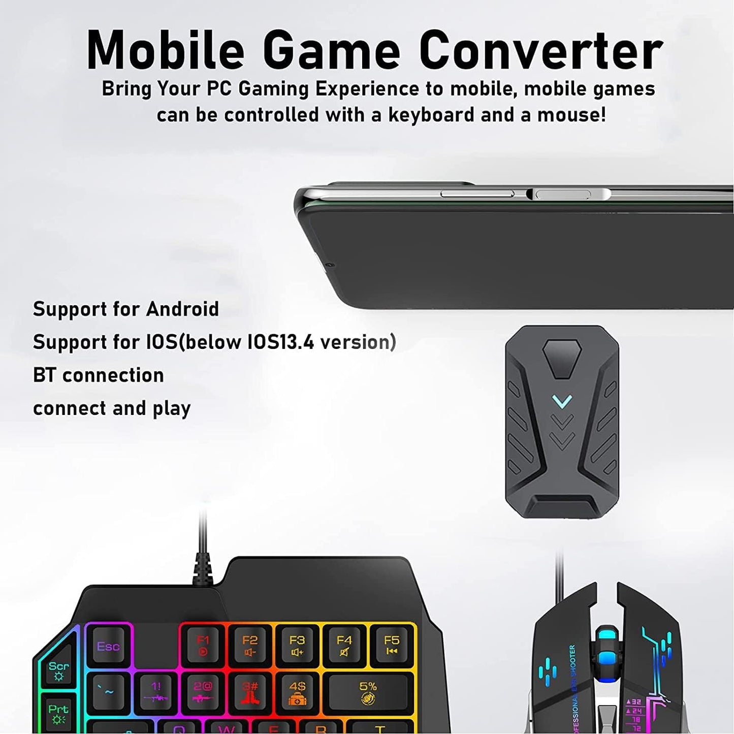 Mix Pro Keyboard and Mouse Adapter, One Handed Keyboard Mouse Combo Set Converter USB Wired Mobile Gaming Keyboard Mouse Adapter Converter for Android, iOS(BT 4.0)