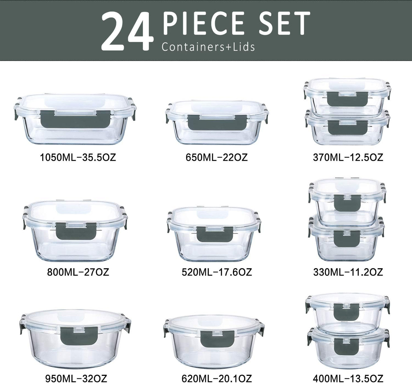 24-Piece Glass Food Storage Containers with Upgraded Snap Locking Lids,Glass Meal Prep Containers Set - Airtight Lunch Containers, Microwave, Oven, Freezer and Dishwasher