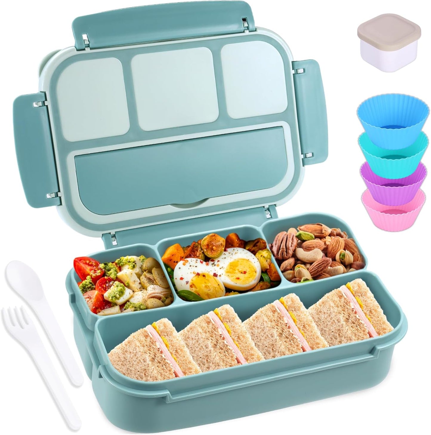 Bento Box Adult Lunch Box, Containers for Adults Men Women with 4 Compartments, Lunchable Food Container with Utensils, Sauce Jar, Muffin Liners, 40 Oz/5 Cup, Microwave & Dishwasher Safe, Brown