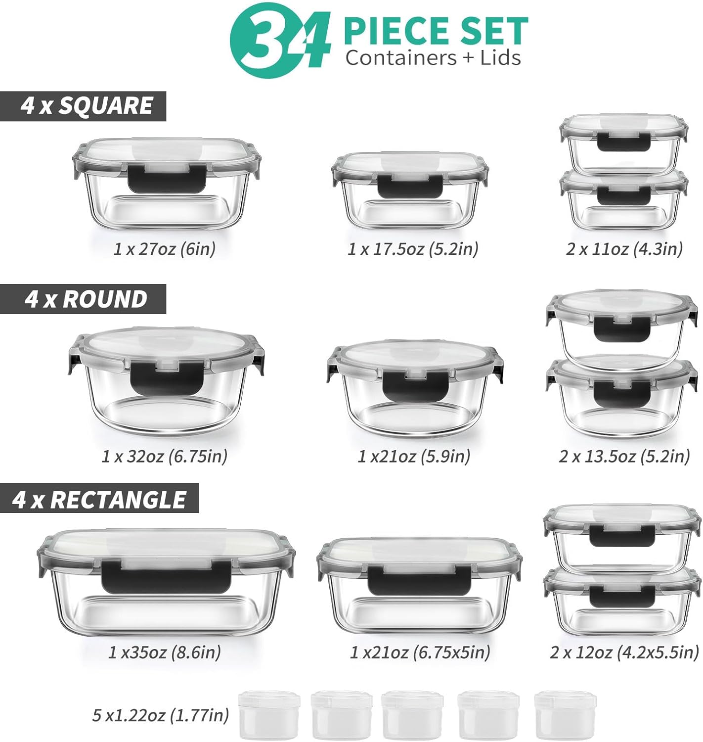 34pcs Glass Food Storage Containers with Lids Set, Airtight Glass Meal Prep Containers (17 Containers & 17 Lids),Leak Proof Lunch Containers BPA-Free, Microwave, Oven, Freezer & Dishwasher