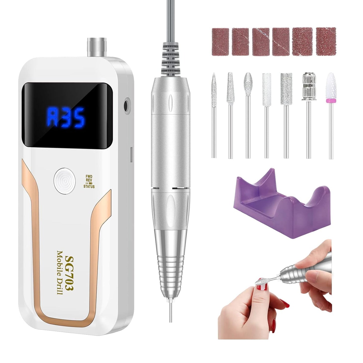 Portable Nail Drill Professional 35000 RPM, Rechargeable Electric Nail File Machine E File for Acrylic Nails Gel Polishing Removing, Cordless Efile with Bits Kit for Manicure Salon Home