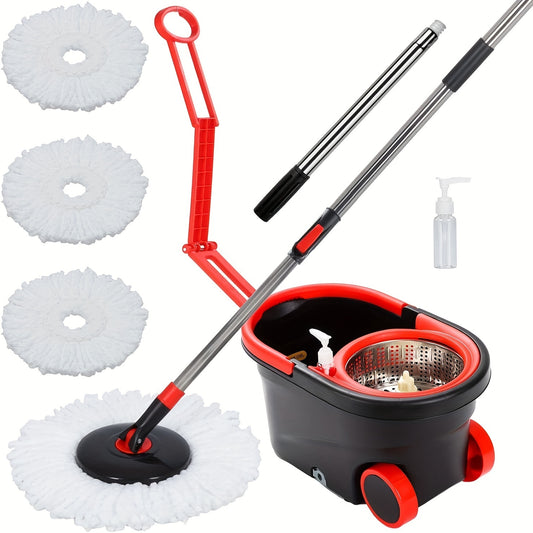 Spin Mop And Bucket With Wringer Set, Bathroom Mop Bucket, School Bathroom, 360° Spinning Mop Bucket System With 3 Microfiber Mop Replacement Heads And 61" Stainless Steel Adjustable Handle For Floor Cleaning, Bucket Floor Cleaning System