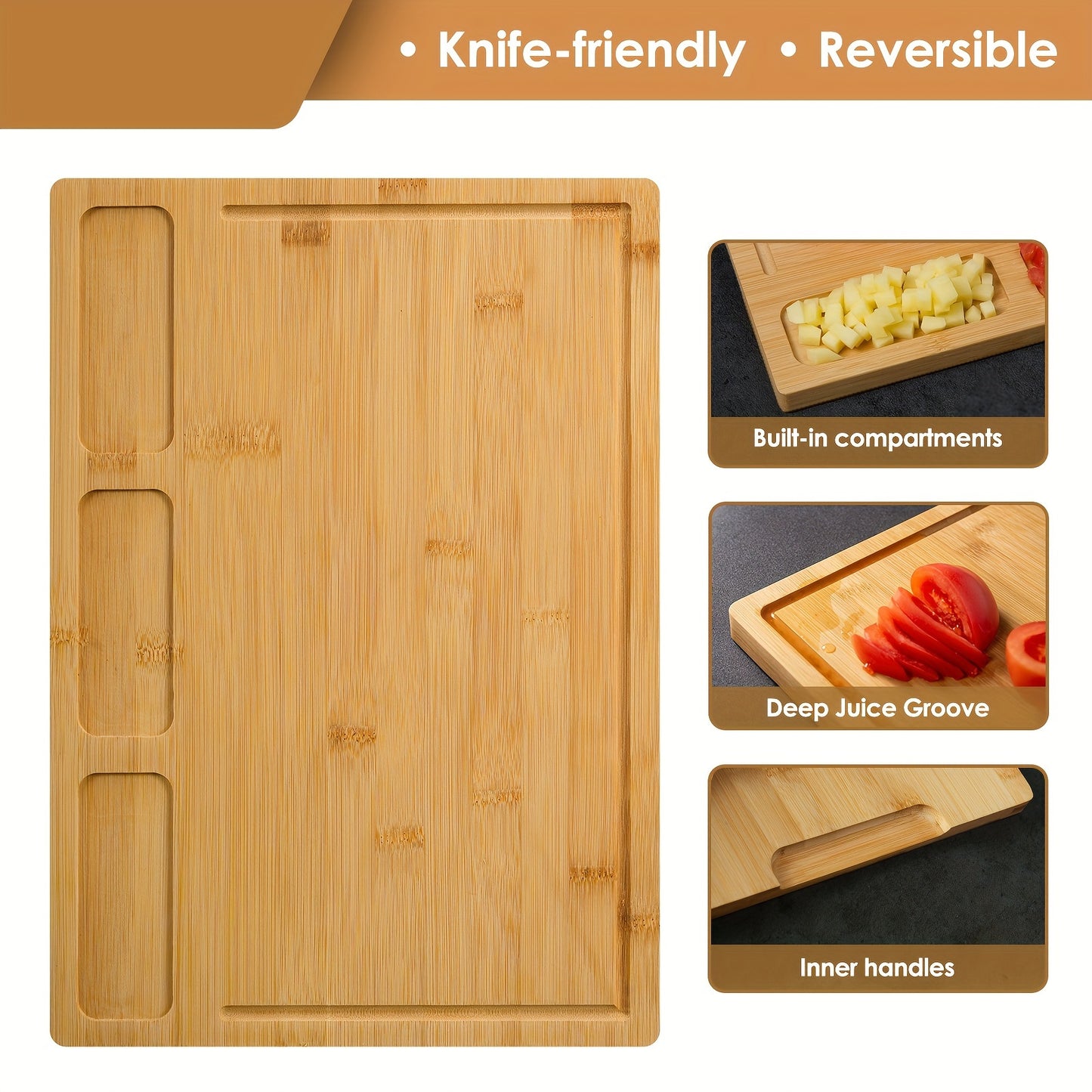 Set Of 3 Bamboo Cutting Boards For Kitchen, With 3 Built-In Compartments And Juice Groove Wooden Carving Board, Cheese Platter For Meat, Cheese, Bread, Vegetables, Fruits Perfect Kitchen Gadget For Home, Dormitory, Gifts For Family And Friends