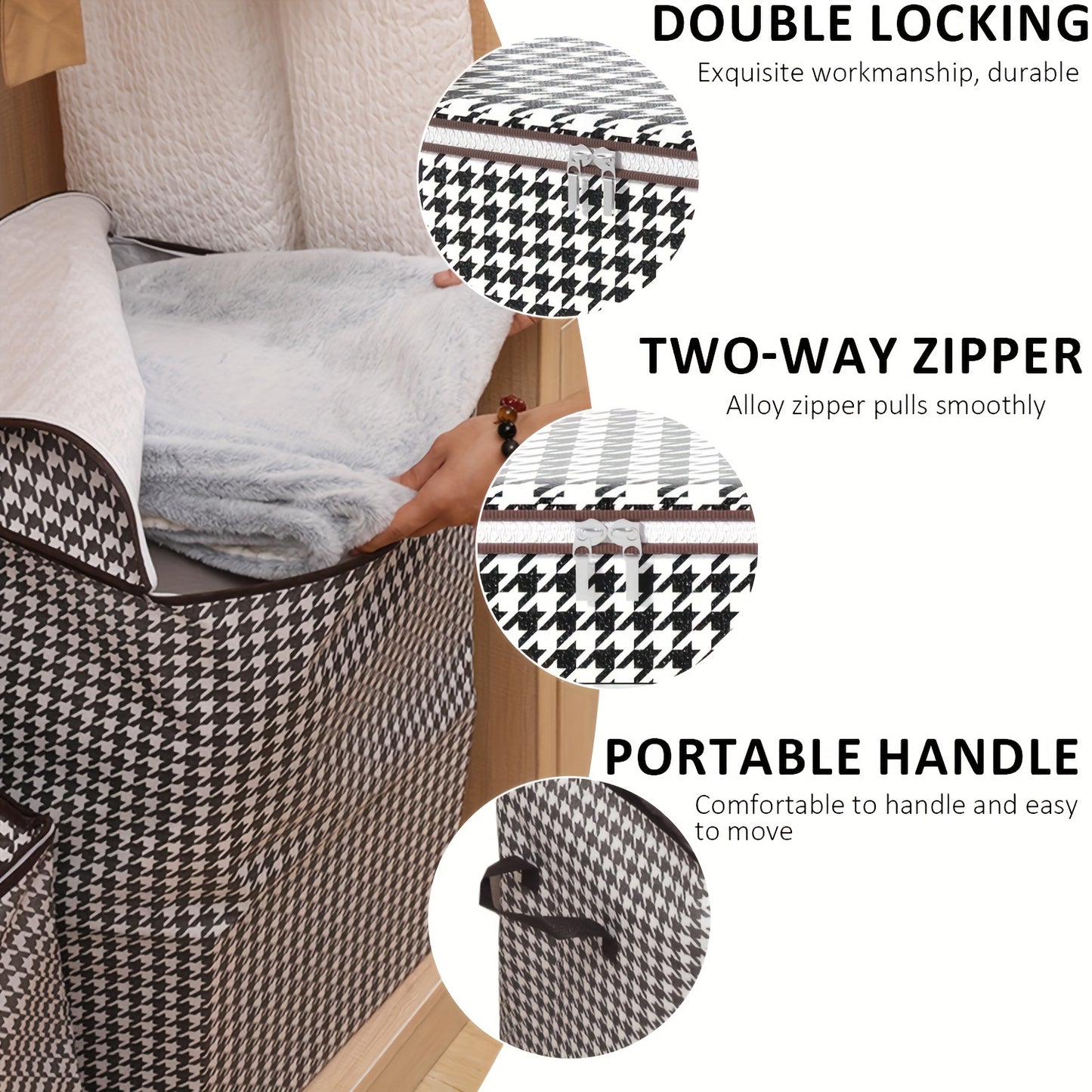 3 Pack of Extra Large 47.55gal Houndstooth Thickened Storage Containers for Household Large Capacity Clothes Quilt Storage Bucket Dustproof and Moisture Resistant Bag Double Zipper with Handle Storage Box Moving & Travel Storage Basket Ideal Storage Bask