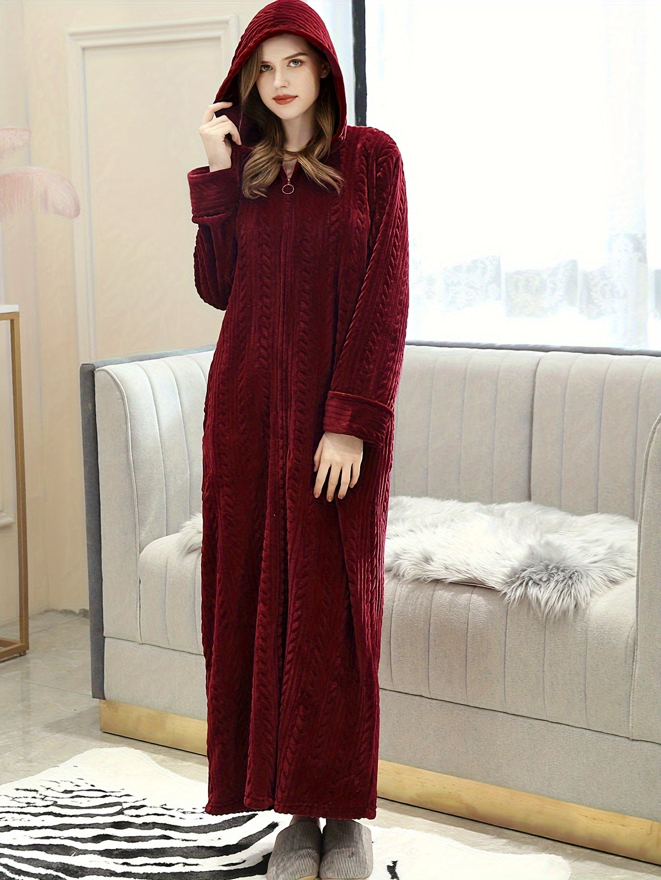 Long Flannel Fleece Hooded Zipper Bathrobe for Women - Winter Warm Housecoat Nightgown Sleepwear Pajamas