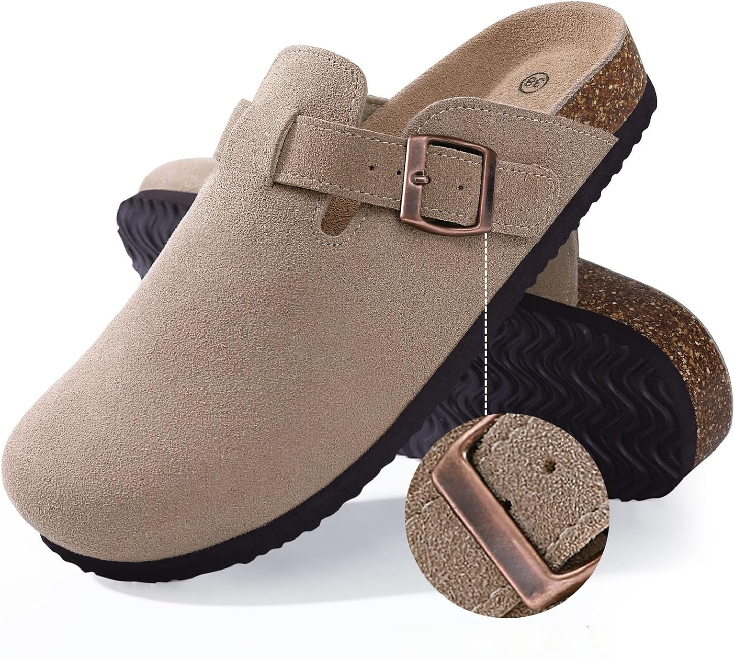 Women's Suede Clogs Soft Cork Footbed Leather Mules Comfort Potato Shoes with Arch Support