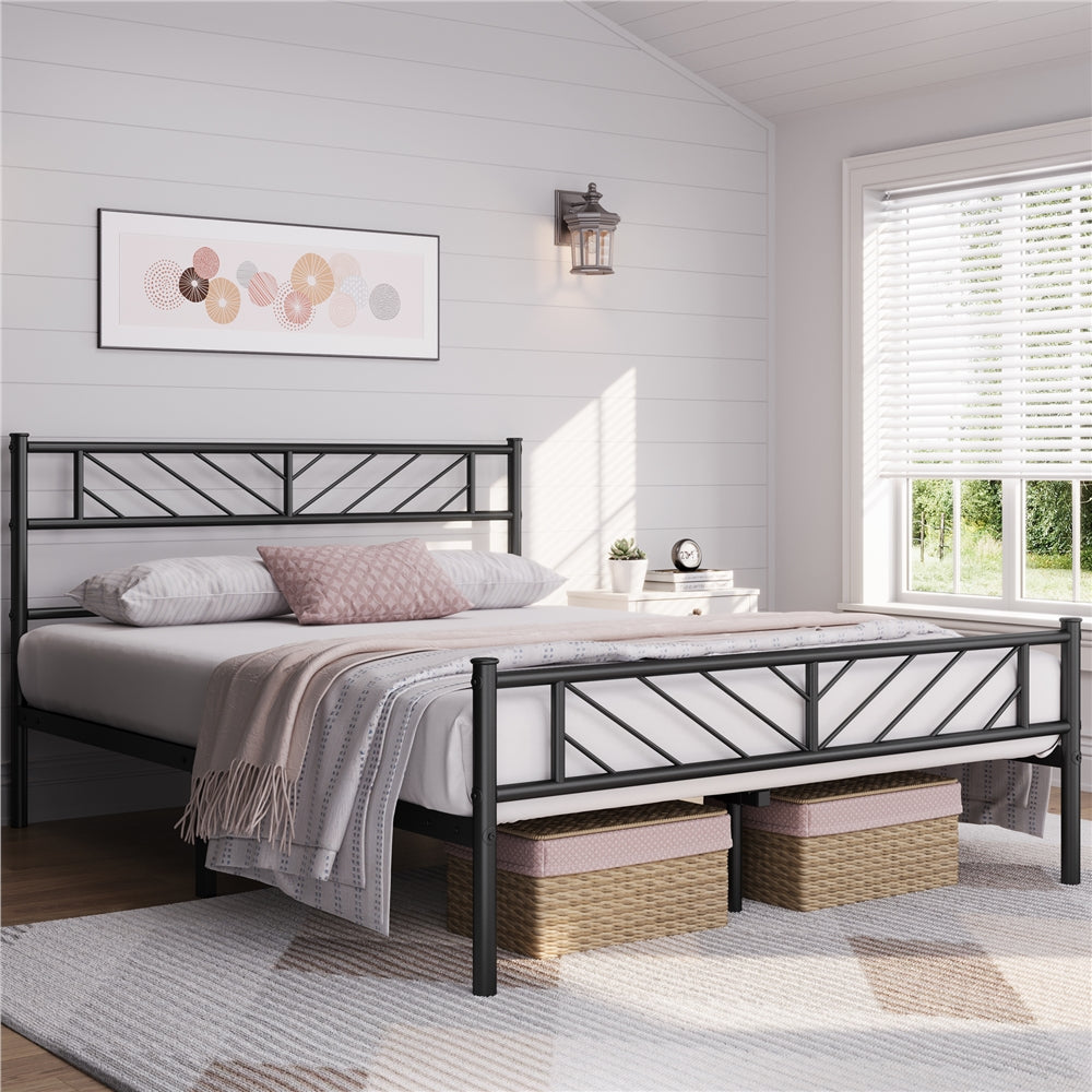 Platform Bed Frame with Arrow Design Headboard, and Storage Space No Box Spring Needed