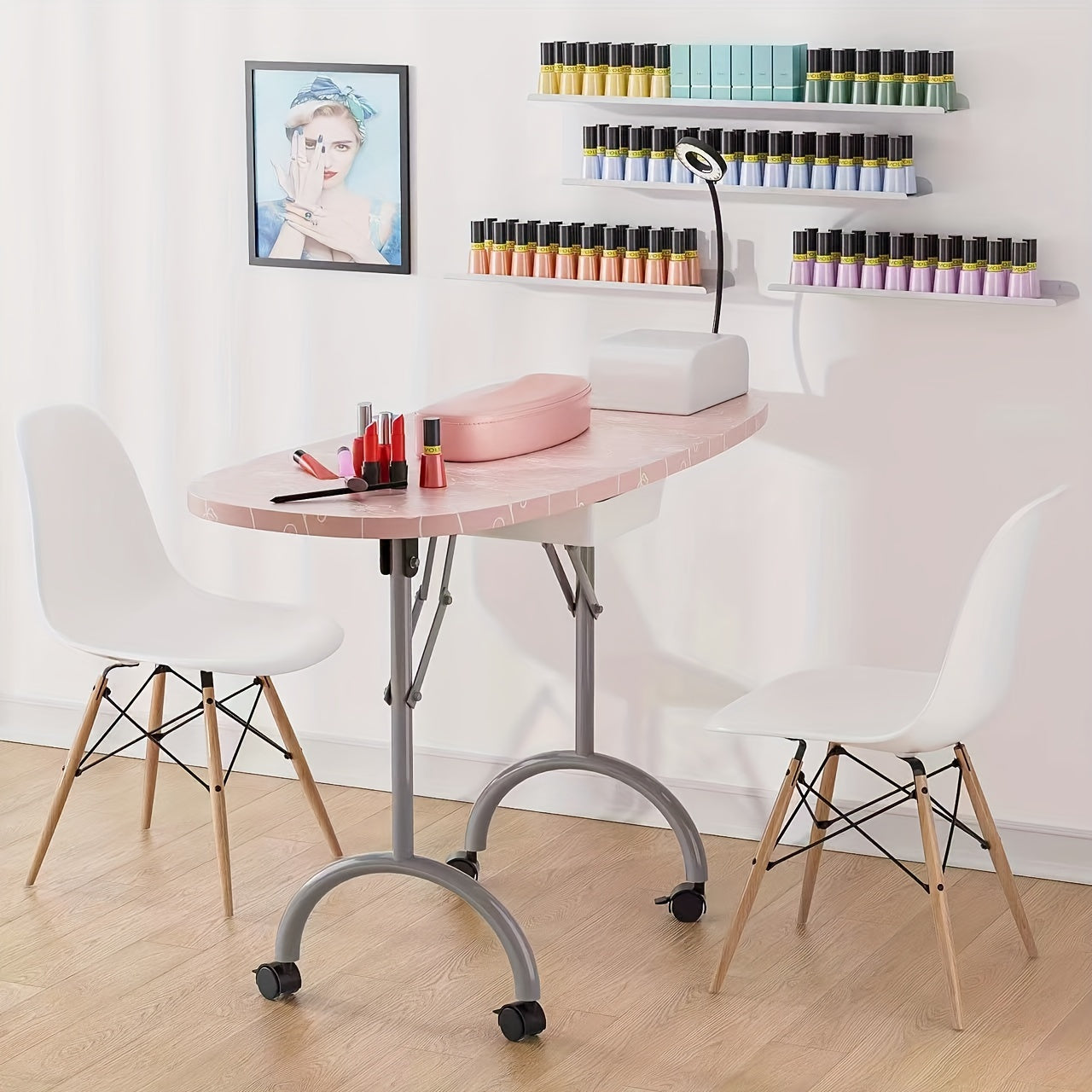 Professional Portable Manicure Station - Foldable Nail Table with Spacious Drawer, LED Lamp, 4 Lockable Wheels, Carry Bag, Wrist Cushion, and Ergonomic Design for Comfortable Nail Care