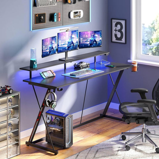 Gaming Desk with LED Lights & Power Outlets, 31.5/39.4/47/55in Computer Desk with Monitor Shelf, Home Office Desk with Cup Holder and Headphone Hook, Ergonomic