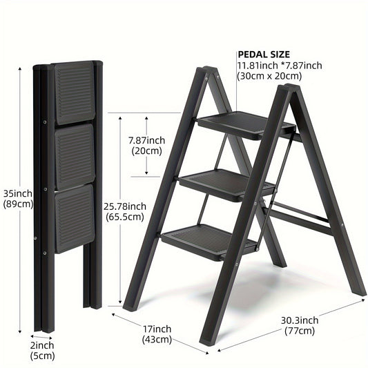 3-Step Wide Non-slip Folding Ladder, Portable and Foldable for Adults, Suitable for Home, Kitchen, Office, Black, and Holiday Decorating