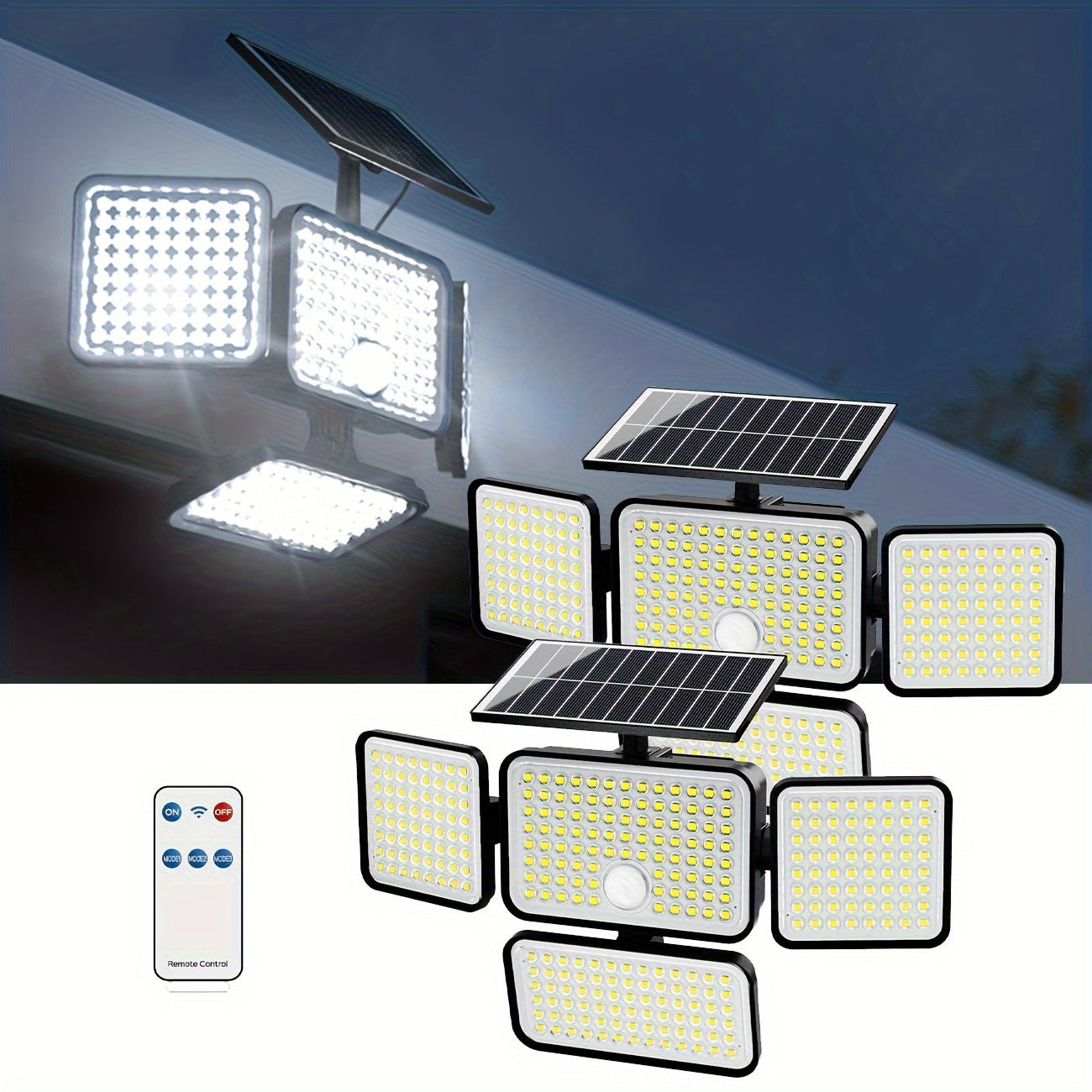 2Pcs Super Bright Extra Wide Solar Motion Sensor Outdoor Light, Floodlight, Security Light, Four Adjustment Modes, Four Light Heads, 270° Lighting Angle, Remote Control, For Yard, Garage, Porch