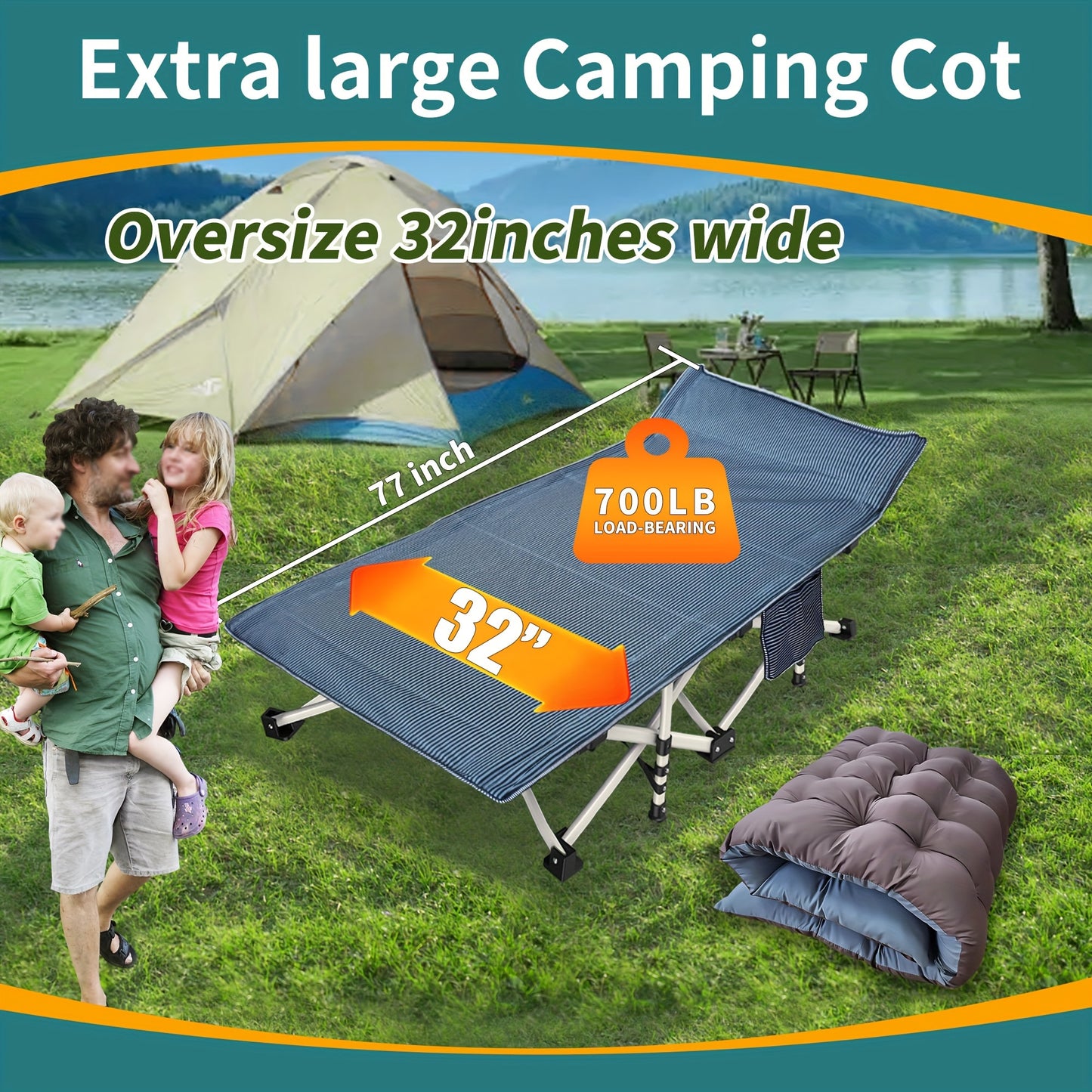 Oversized Camping Cot XXL 32 Inches Width With Comfortable Mattress Extra Wide Cots For Sleeping Folding Cot Camping Bed Heavy Duty With Carry Bag For Adults Home Office Outdoor