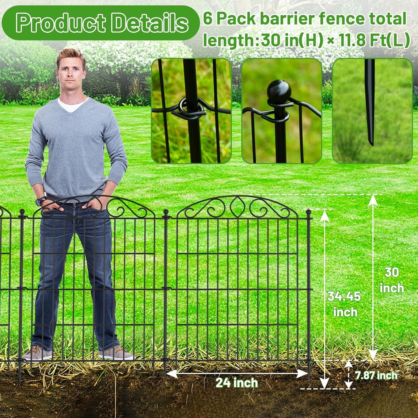 Decorative Animal Barrier Garden Fence 6 Pack with Lock - 30 in(H) x 11.8 ft(L) No Dig Decorative Fence Rustproof Metal Wire Panel Border, Rustproof Metal Wire Section Edging Fencing Panel