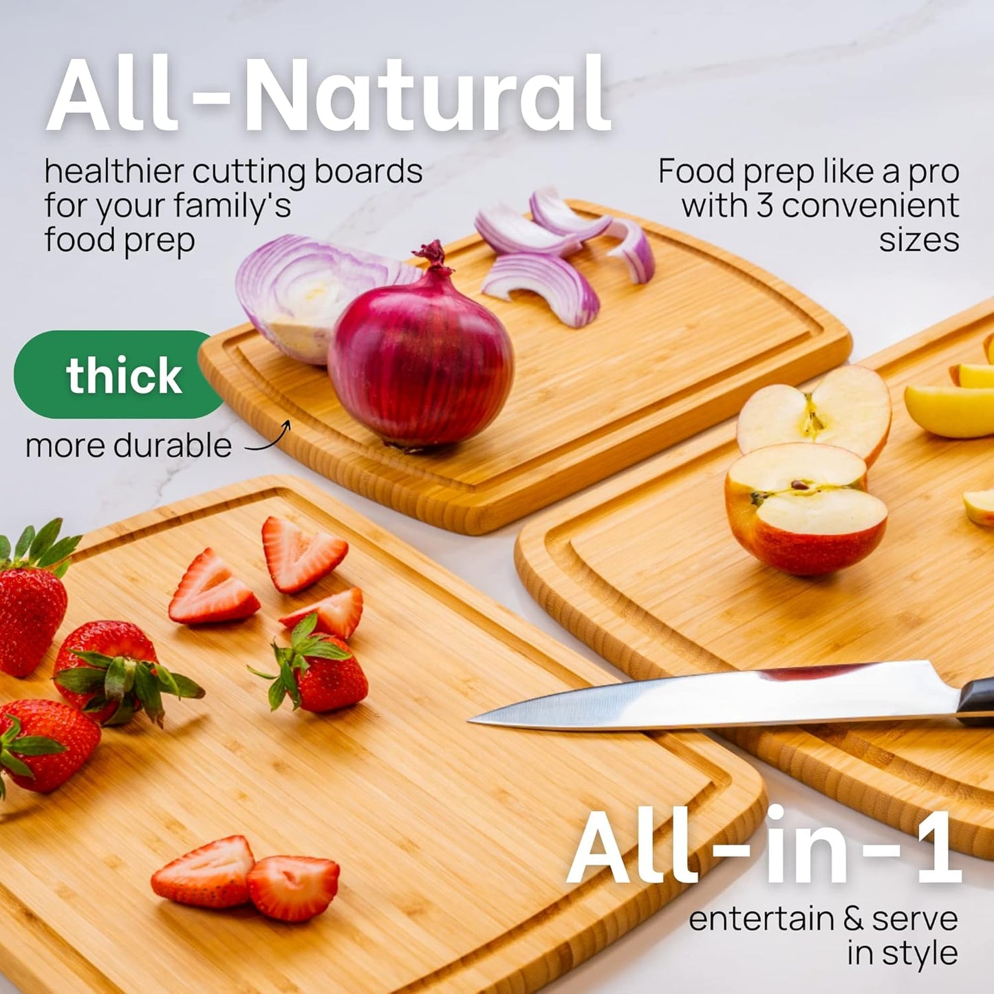 Organic Bamboo Cutting Board Set of 3 with Lifetime Replacements - Wood Cutting Board Set with Juice Groove - Wooden Chopping board Set for Kitchen, Meat and Cheese