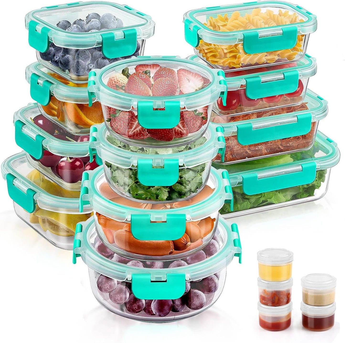 34pcs Glass Food Storage Containers with Lids Set, Airtight Glass Meal Prep Containers (17 Containers & 17 Lids),Leak Proof Lunch Containers BPA-Free, Microwave, Oven, Freezer & Dishwasher