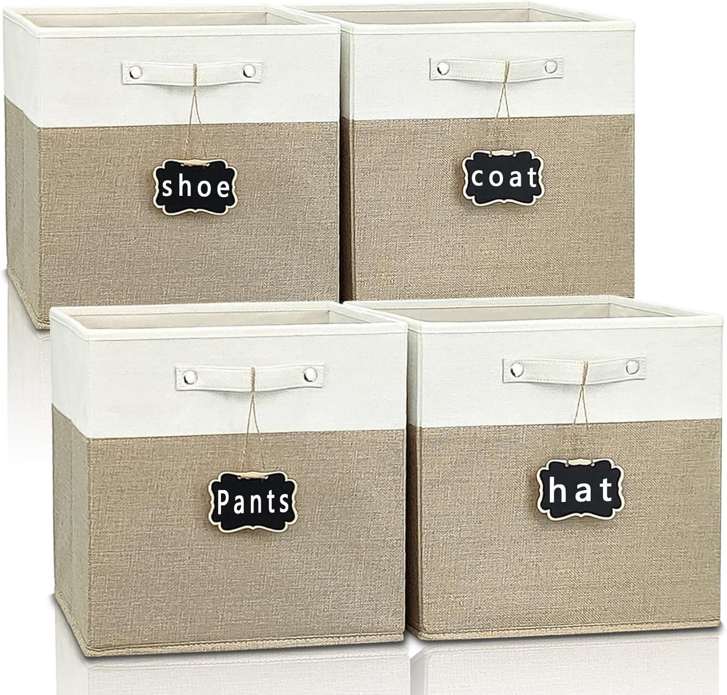 11x11 cube storage bins 4 Pack,Collapsible Fabric Storage Cubes with Labels,Linen Cube Storage Organizer Bins with Cotton Handles,Square Storage Cubes for Home,Office,Clothes,Cabinet (White Grey).